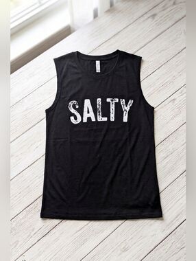 "SALTY" Black Graphic Sleeveless Tank Top - Large